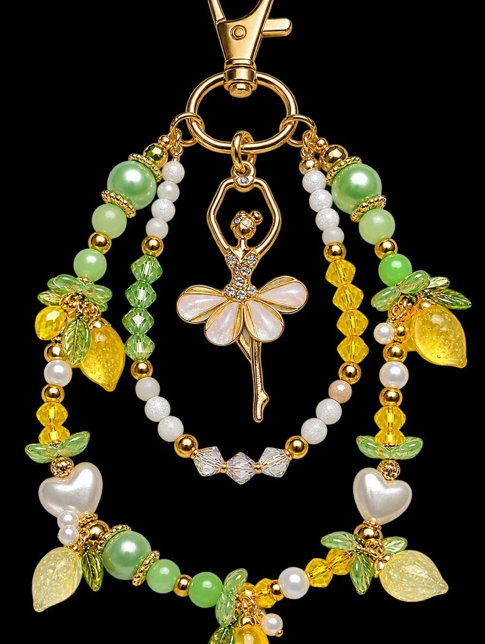 Gold Ballerina Charm Keychain with Yellow and Green Beads